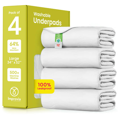 IMPROVIA® Washable Underpads, 34" x 36" (Pack of 4) - Heavy Absorbency Reusable Bedwetting Incontinence Pads for Kids, Adults, Elderly, and Pets - Waterproof Protective Pad for Bed, Couch, Sofa, Floor