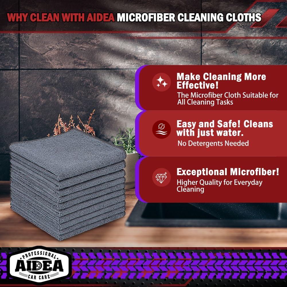 AIDEA Microfiber Cleaning Cloth-50PK, Microfiber Towels for Cars, 12×12" | Premium Wash Cloths, Dusting Cloth Cleaning Rags, Absorbent Towels for SUVs, House, Kitchen, Window, Cleaning Supplies