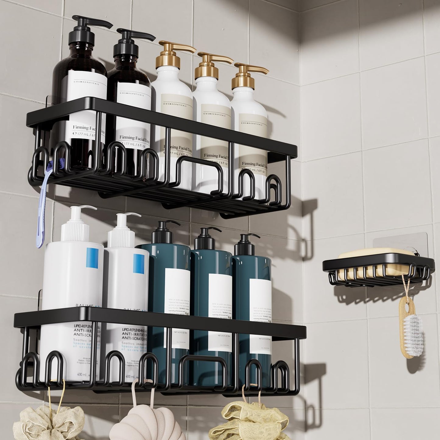 Veken Large Capacity Shower Caddy 6-Pack, No Drilling & Rustproof, Adhesive Shower Shelves with Soap Holder, Bathroom Organizers and Storage, Wall-Mounted Kitchen & Home Decor, Pink