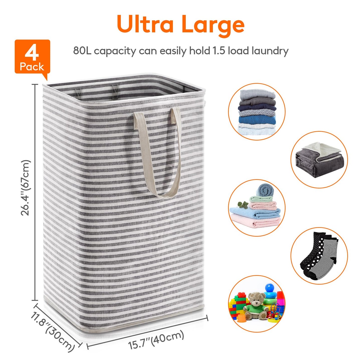 Lifewit 2 Pack Laundry Basket 80L Each, Collapsible Clothes Hamper with Reinforced Handles, Freestanding Waterproof Design for Bedroom and Laundry Room, Grey 160L Total