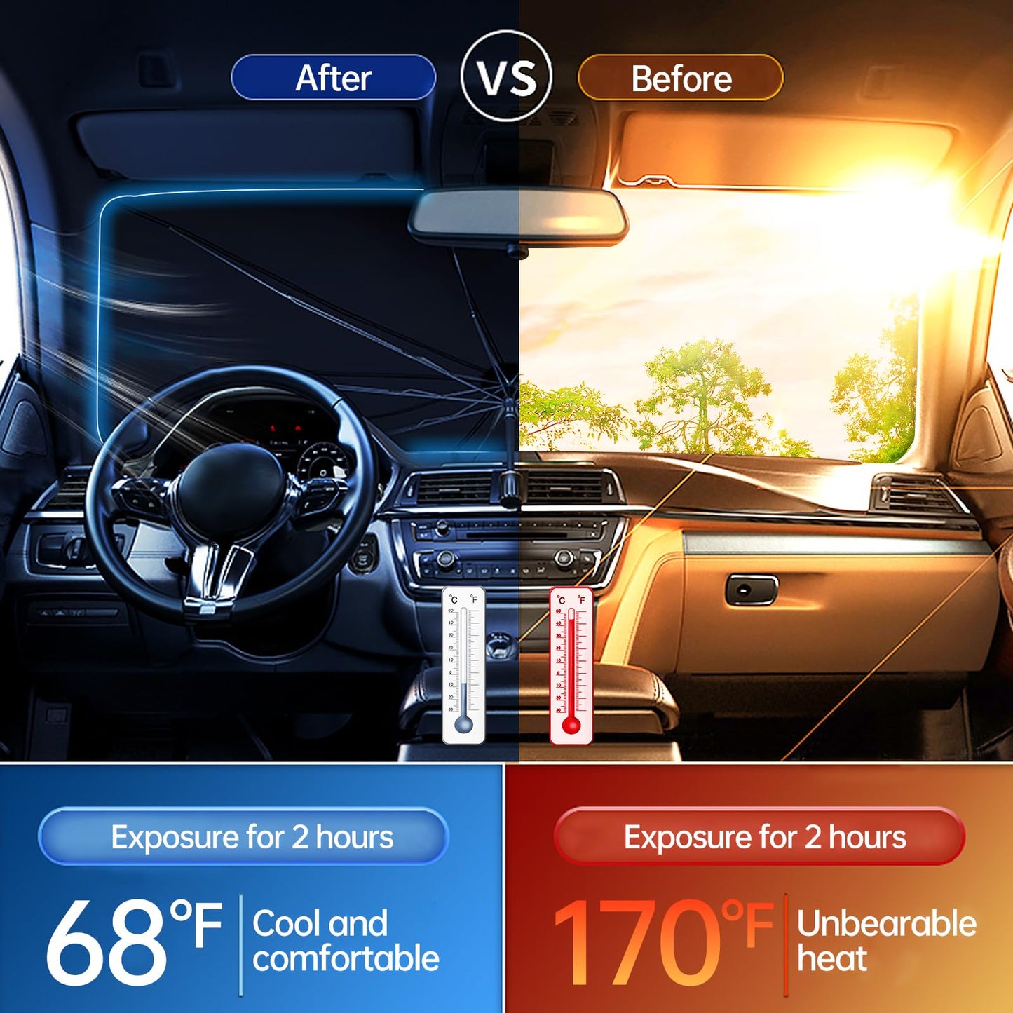 [2026 Upgraded] Windshield Sun Shade Umbrella, Car Sunshade for Trucks&SUVs | UV Protection, Heat Insulation & Automotive Interior Sun Protection for Outdoor Parking Camping (X-Large)
