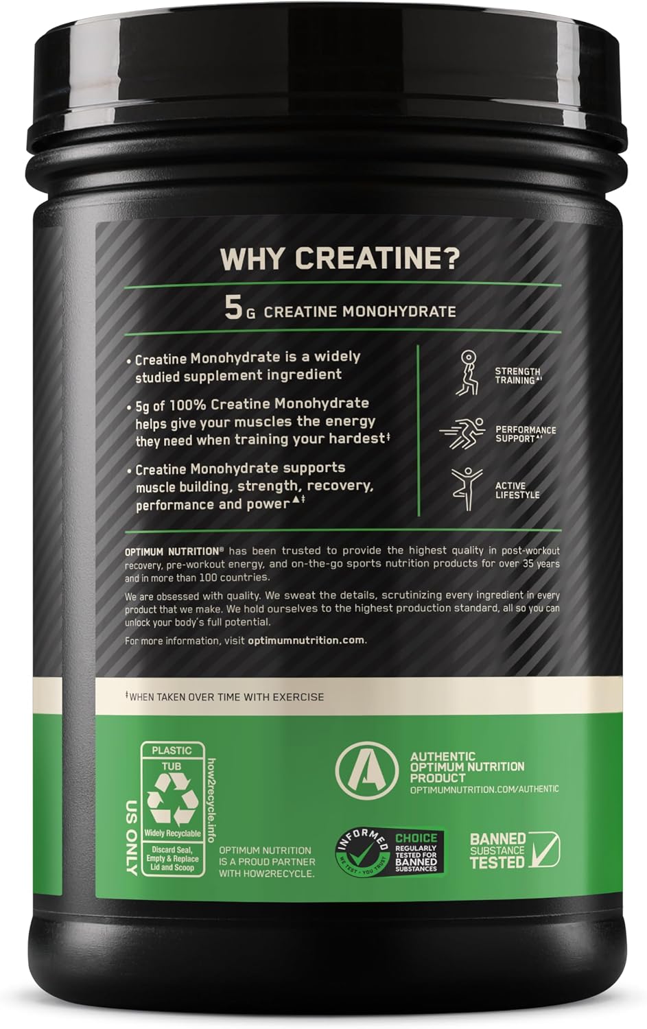 Optimum Nutrition Creatine, Micronized Creatine Monohydrate Powder, Supports Strength & Recovery, Banned Substance Tested, Unflavored, 5g per Serving, 60 Servings | 5g Micronized Creatine Monohydrate Powder Per Serving, Supports Muscle Strength & Power, E