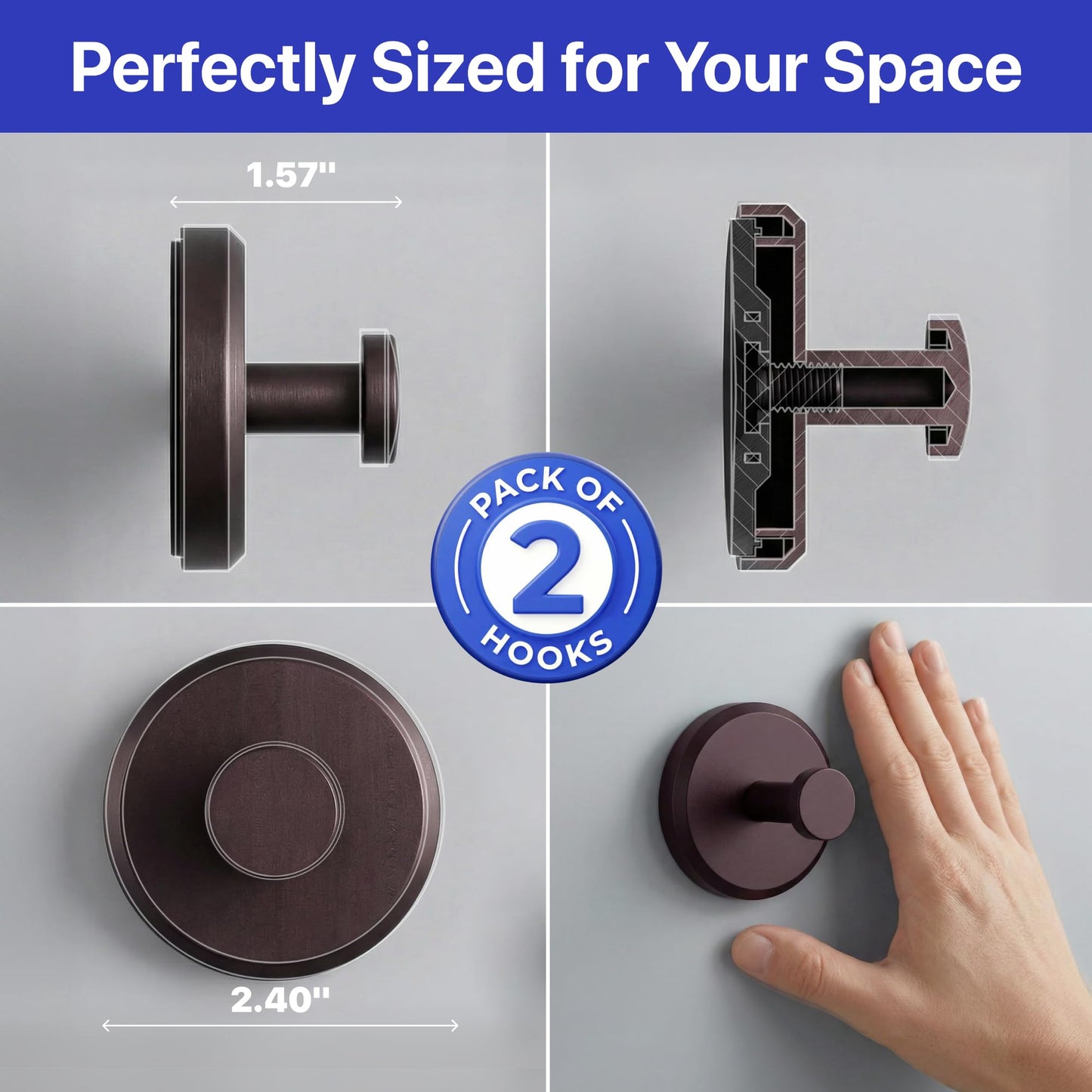 HOME SO Suction Cup Hooks for Shower & Bathroom Towel Holder 2-Pack Black | Waterproof Rustproof Organizer Hook Hanging Loofah Robe Coat Bath Accessories on Tile Glass Door Mirror + Optional 3M Disc