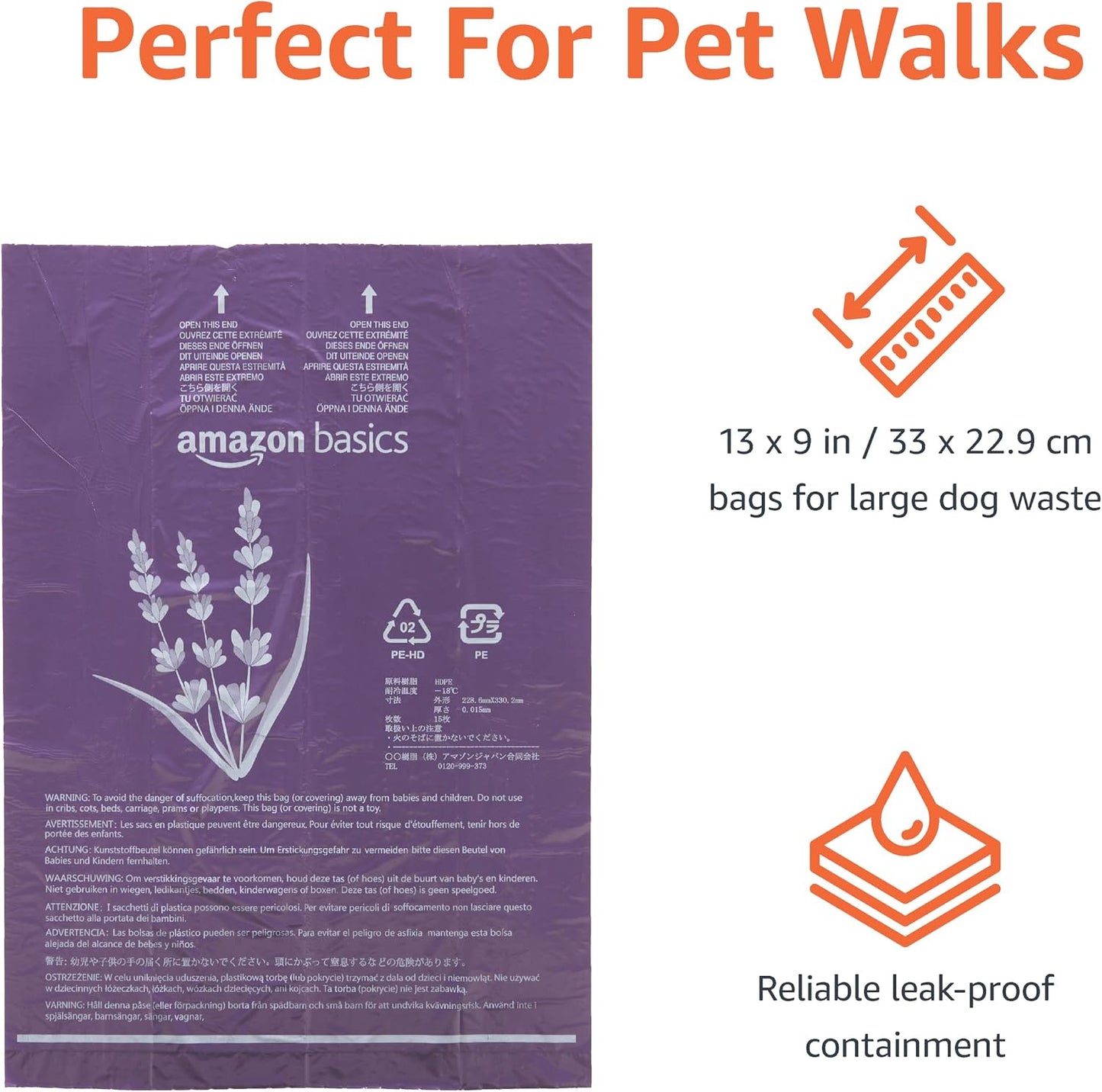 Amazon Basics Dog Poop Leak Proof Bags with Dispenser and Leash Clip, Unscented, 13" x 9" Large Size, 300 Count