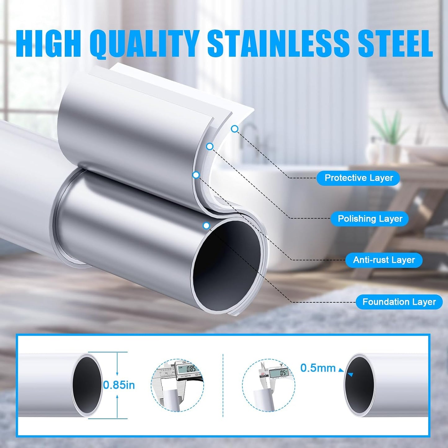 TEECK Shower Curtain Rod, 32-80 inch Adjustable Spring Tension Curtain Rod, Never Rust Anti-Slip Shower Curtain Rod for Bathroom, No Drilling, Never Collapse, Easy to Use, Silver