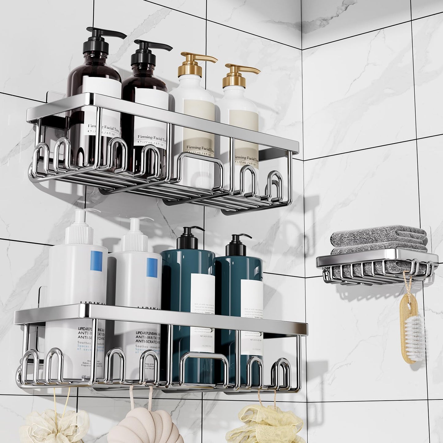 Veken Large Capacity Shower Caddy 6-Pack, No Drilling & Rustproof, Adhesive Shower Shelves with Soap Holder, Bathroom Organizers and Storage, Wall-Mounted Kitchen & Home Decor, Pink