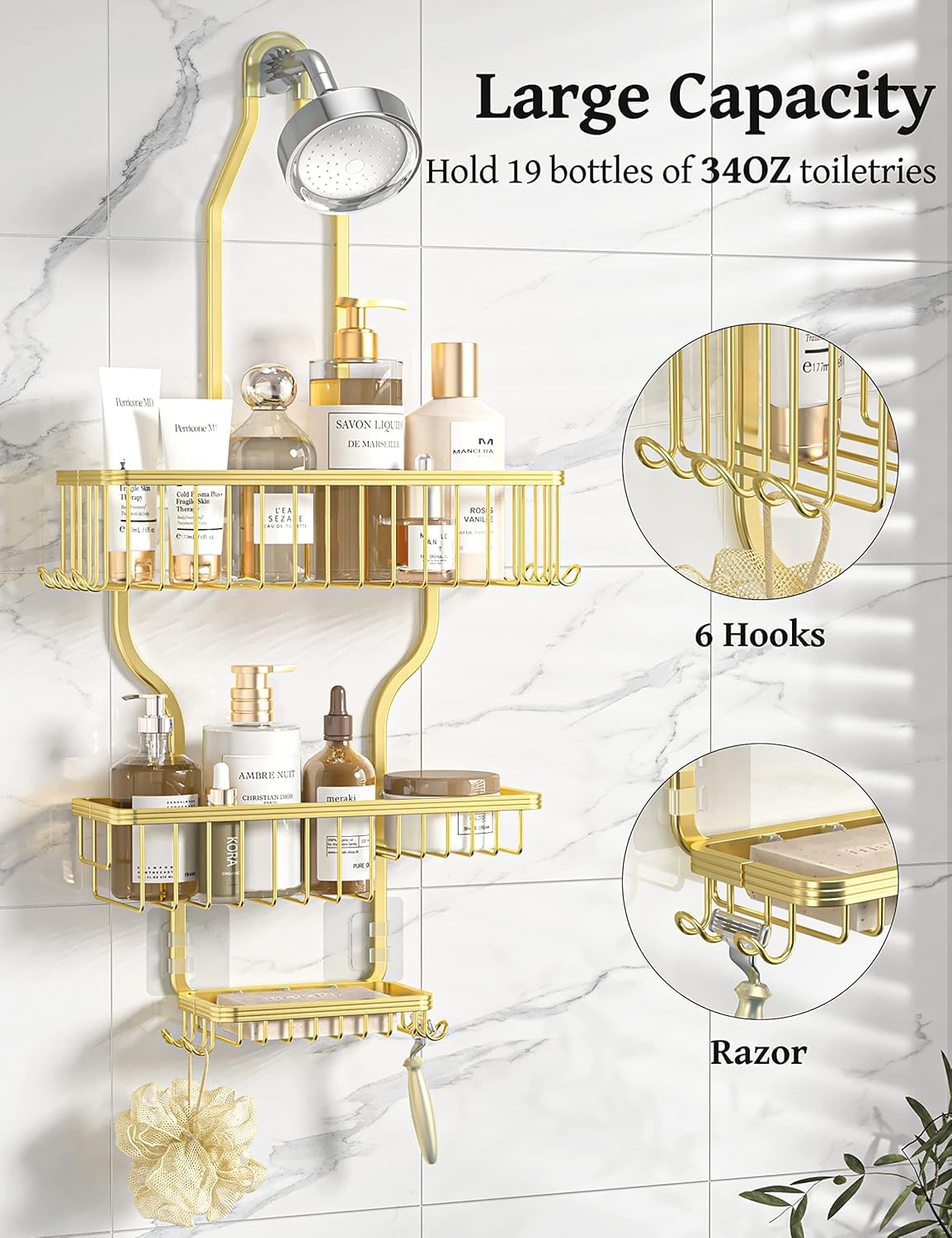 Never Rust Shower Caddy Hanging, Aluminum Shower Racks for Inside Shower, 3-Tier Shower Organizer Hanging Over Shower Head with Hooks and Soap Holder, Rose Gold