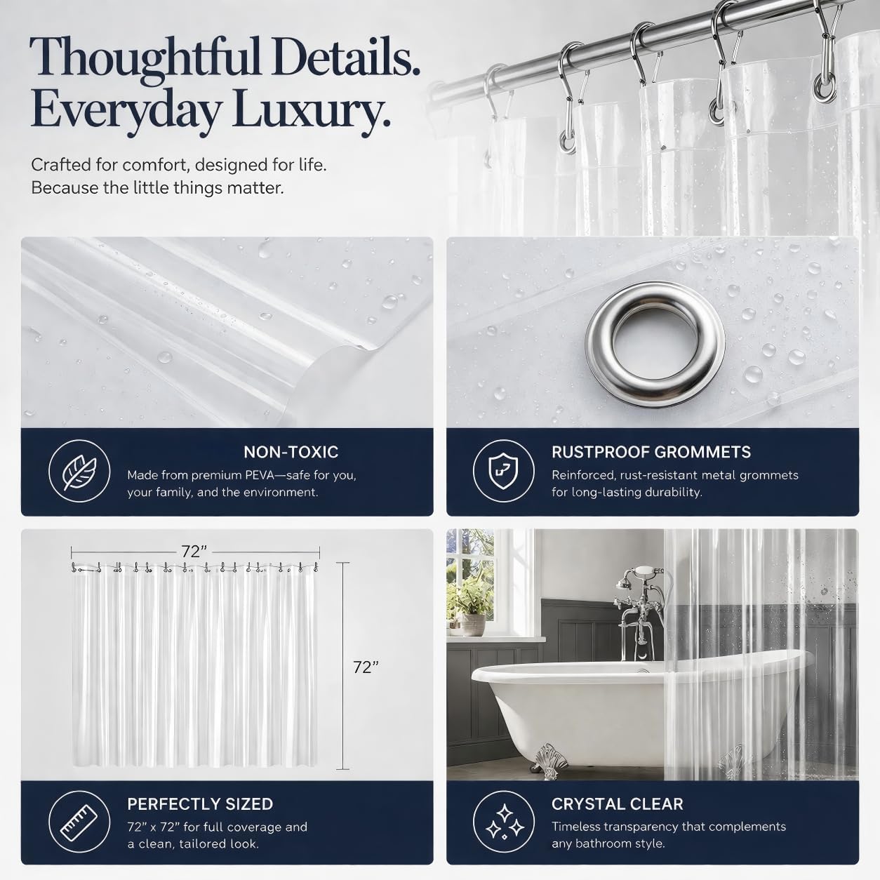 EHZNZIE White Shower Curtain Liner 72x72, PEVA Waterproof Bath Curtain, No Chemical Smell, 3 Weighted Magnets, Durable with Rustproof Metal Grommets