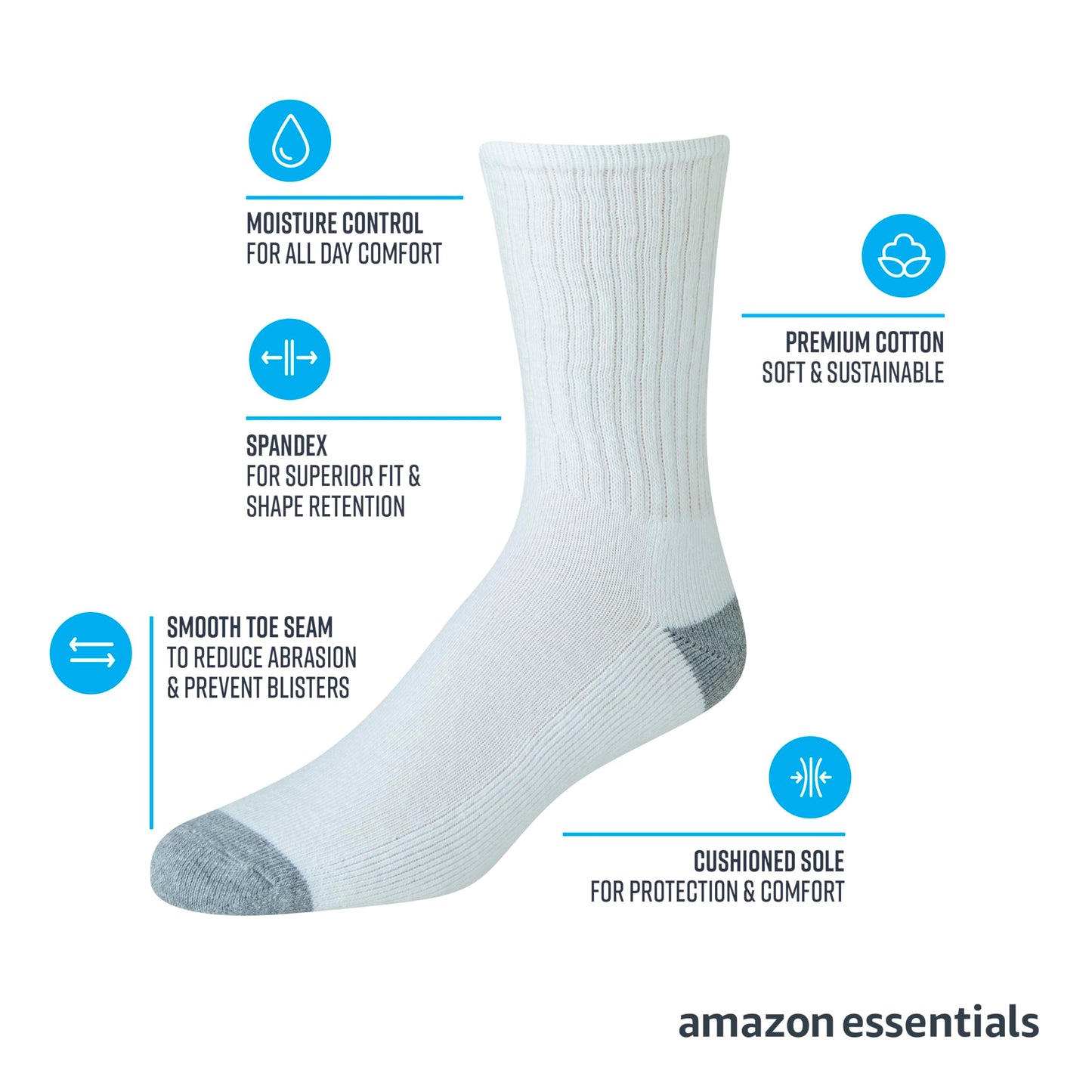 Amazon Essentials Men's Cotton Crew Athletic Moisture Wicking Sports Socks with Cushioned Sole, 10 Pairs