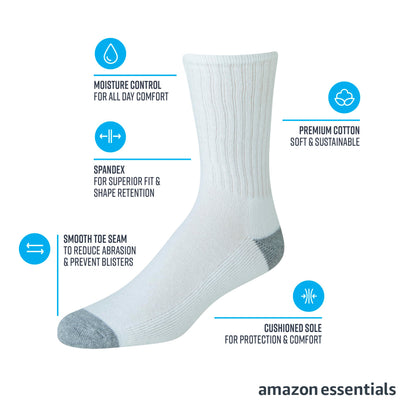 Amazon Essentials Men's Cotton Crew Athletic Moisture Wicking Sports Socks with Cushioned Sole, 10 Pairs