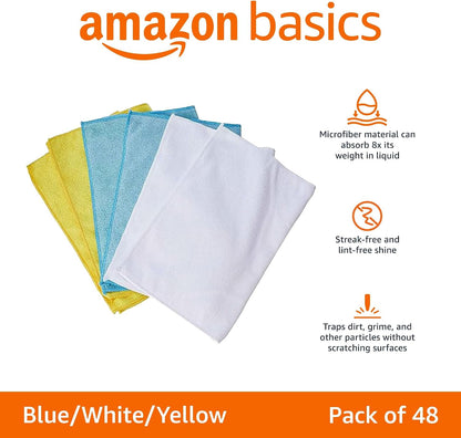 Amazon Basics Microfiber Cleaning Cloths, Ultra Absorbent, Lint Free, Streak Free, Non-Abrasive, Reusable and Washable, 16" x 12", Blue/White/Yellow, Pack of 24