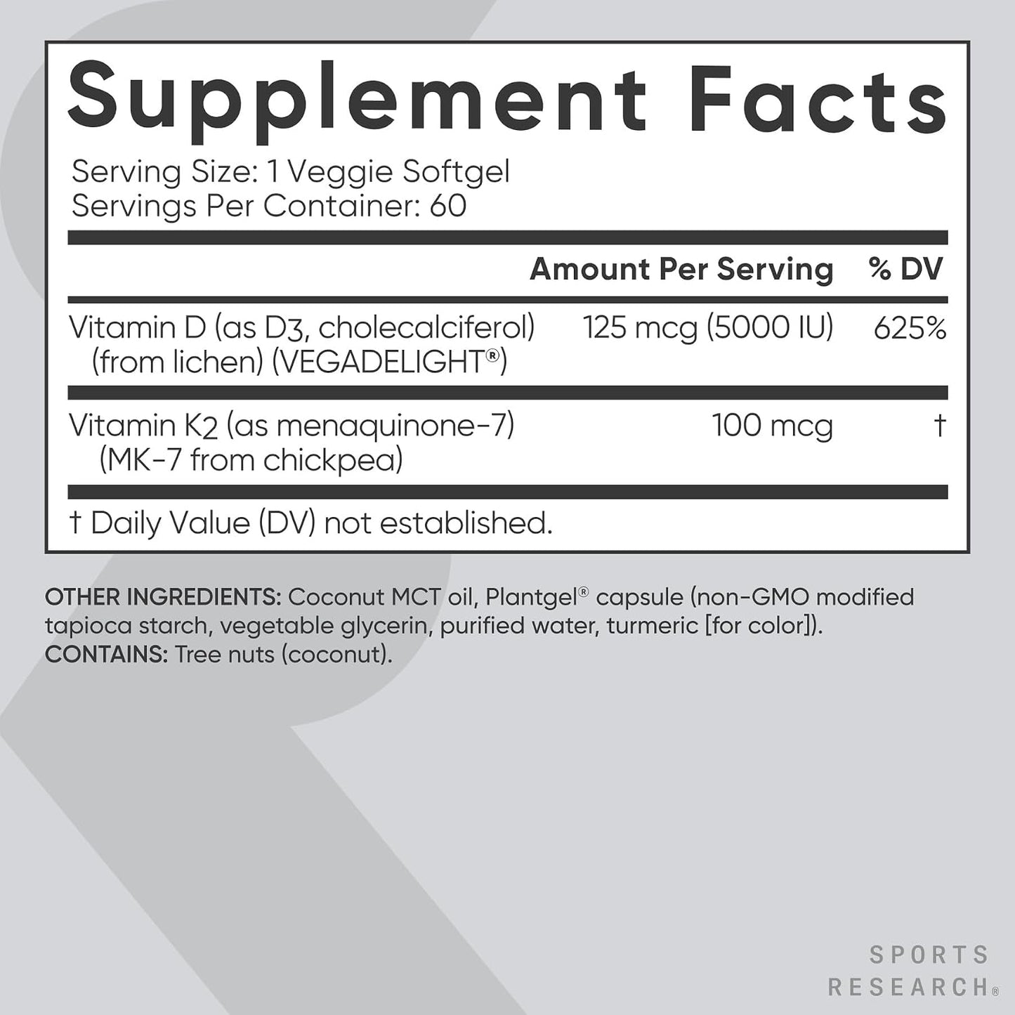 Sports Research® Vegan Vitamin D3 + K2 w/Coconut Oil, 60 Count Plantgels™ | Plant-Based Vitamin D 5000iu/125mcg & Soy-Free Vitamin K 100mcg for Bone & Immune Support - Vegan Certified · Non-GMO
