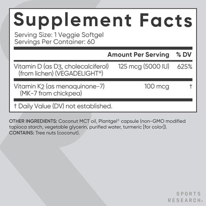 Sports Research® Vegan Vitamin D3 + K2 w/Coconut Oil, 60 Count Plantgels™ | Plant-Based Vitamin D 5000iu/125mcg & Soy-Free Vitamin K 100mcg for Bone & Immune Support - Vegan Certified · Non-GMO