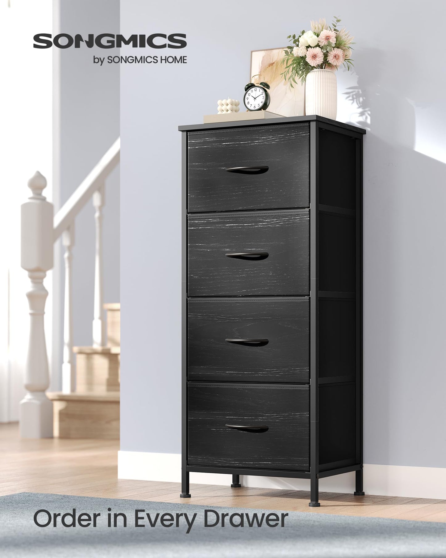 SONGMICS BELLAH Collection - Dresser for Bedroom, Chest of Drawers, Storage Organizer Unit, Closet, Entryway, Steel, 4 Drawers, Modern, Ink Black and Ebony Black ULGS314B01S