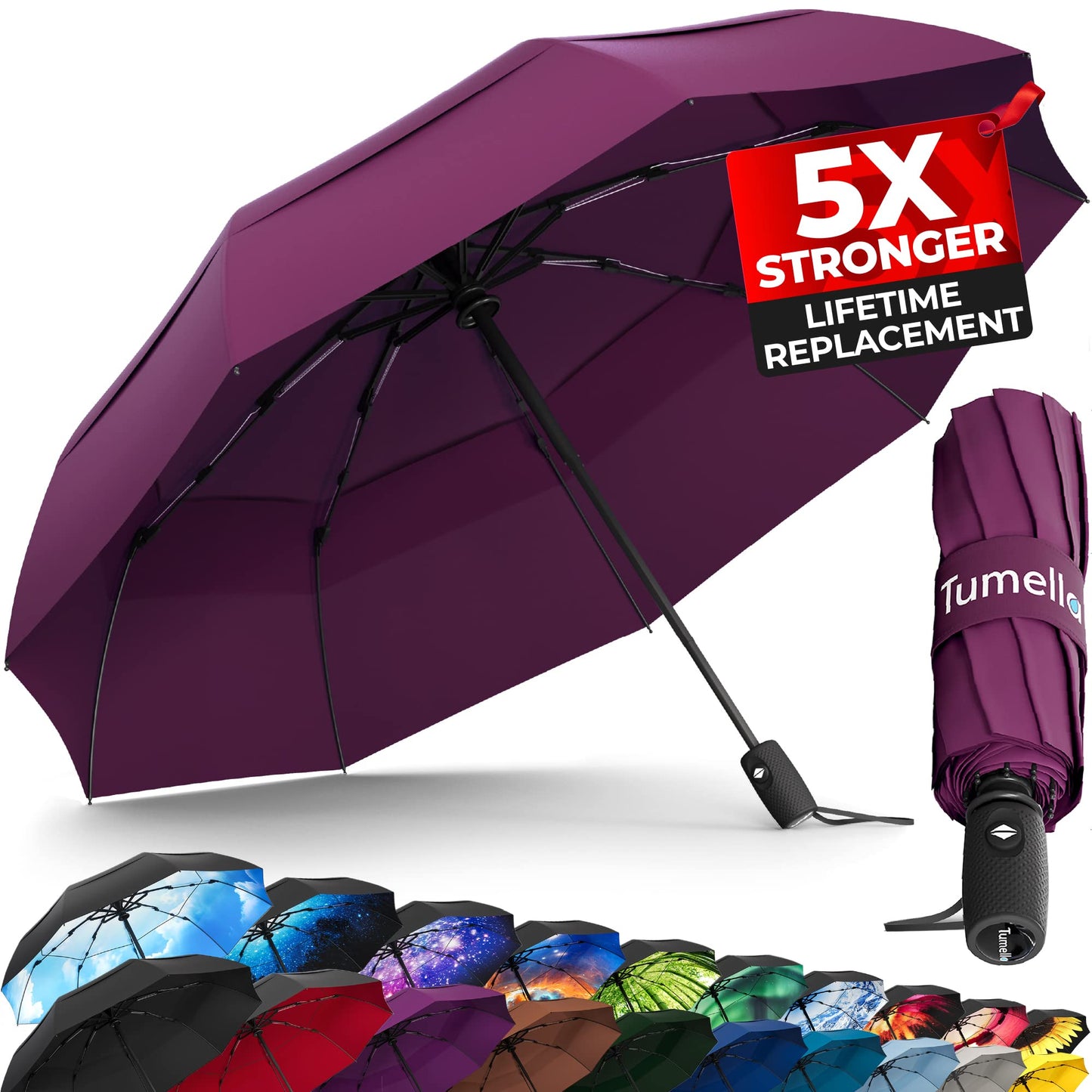 Strongest Windproof Travel Umbrella (Compact, 100MPH Wind-Tested), Light, Portable, One-Handed Use, Automatic Folding Rain Umbrella, Durable, Premium Grip, Fits Car & Backpack