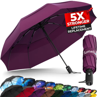 Strongest Windproof Travel Umbrella (Compact, 100MPH Wind-Tested), Light, Portable, One-Handed Use, Automatic Folding Rain Umbrella, Durable, Premium Grip, Fits Car & Backpack