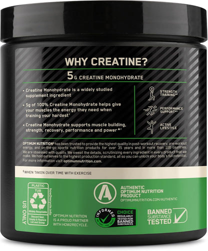 Optimum Nutrition Creatine, Micronized Creatine Monohydrate Powder, Supports Strength & Recovery, Banned Substance Tested, Unflavored, 5g per Serving, 60 Servings | 5g Micronized Creatine Monohydrate Powder Per Serving, Supports Muscle Strength & Power, E