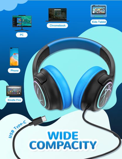 iClever C371 Kids Headphones with Cord for School Boys Girls Travel Gift | SafeSound Tech3.0, Stereo Sound, 3.5mm Jack, Foldable, Durable Headband, Safe Wired Headphones for Kids, Powder Blue