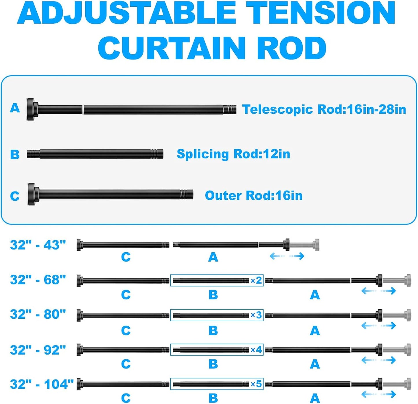 TEECK Shower Curtain Rod, 32-80 inch Adjustable Spring Tension Curtain Rod, Never Rust Anti-Slip Shower Curtain Rod for Bathroom, No Drilling, Never Collapse, Easy to Use, Silver