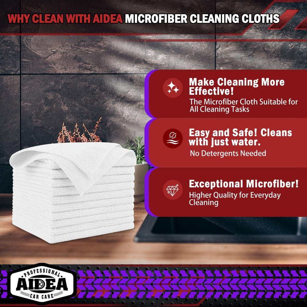 AIDEA Microfiber Cleaning Cloth-50PK, Microfiber Towels for Cars, 12×12" | Premium Wash Cloths, Dusting Cloth Cleaning Rags, Absorbent Towels for SUVs, House, Kitchen, Window, Cleaning Supplies