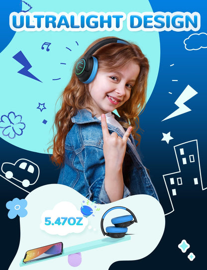 iClever C371 Kids Headphones with Cord for School Boys Girls Travel Gift | SafeSound Tech3.0, Stereo Sound, 3.5mm Jack, Foldable, Durable Headband, Safe Wired Headphones for Kids, Powder Blue