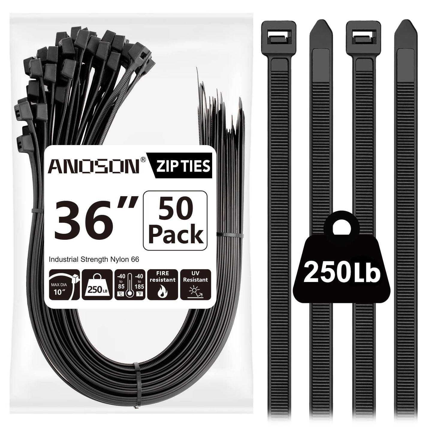Zip Ties Assorted Sizes(4”+6”+8”+12”), 400 Pack, Black Cable Ties, UV Resistant Wire Ties by ANOSON
