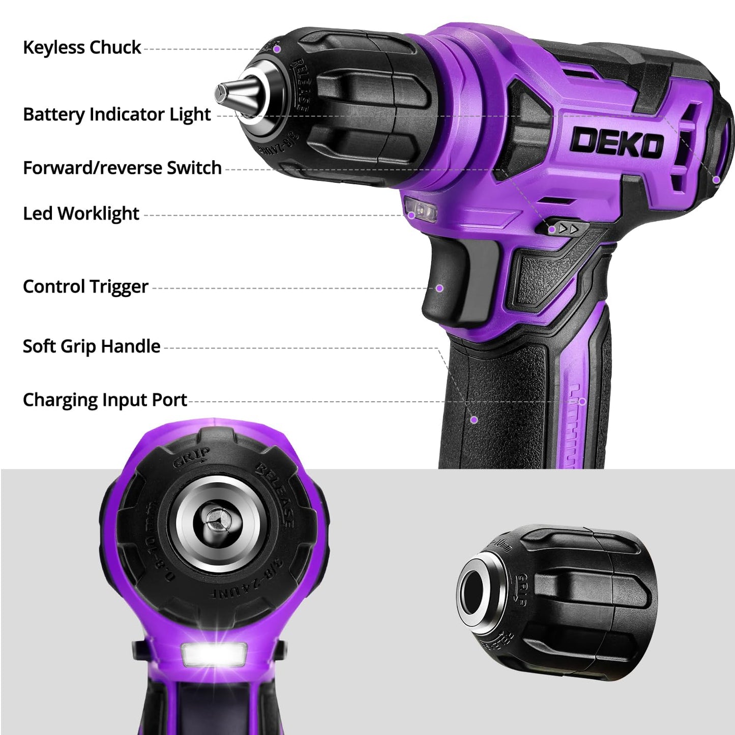 DEKOPRO Drill Set, Home Tool Set with 8V Pink Cordless Drill, Hand Tool Kit for Women, 126 pcs