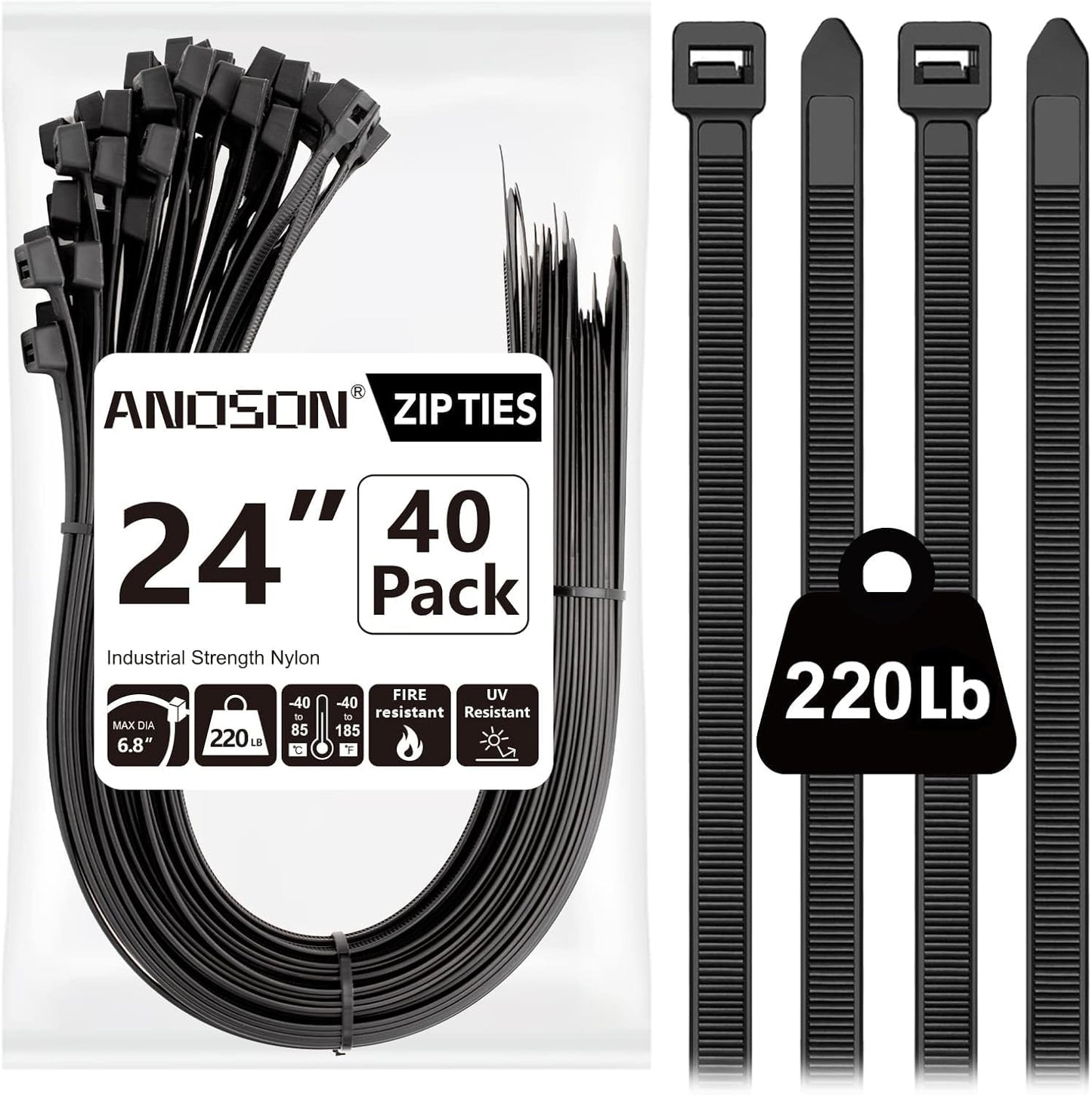 Zip Ties Assorted Sizes(4”+6”+8”+12”), 400 Pack, Black Cable Ties, UV Resistant Wire Ties by ANOSON