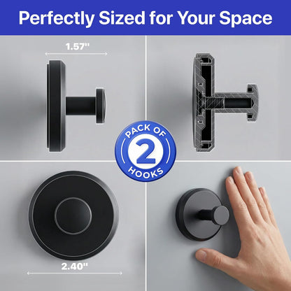 HOME SO Suction Cup Hooks for Shower & Bathroom Towel Holder 2-Pack Black | Waterproof Rustproof Organizer Hook Hanging Loofah Robe Coat Bath Accessories on Tile Glass Door Mirror + Optional 3M Disc