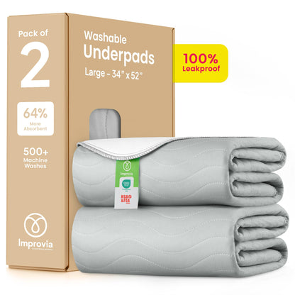 IMPROVIA® Washable Underpads, 34" x 36" (Pack of 4) - Heavy Absorbency Reusable Bedwetting Incontinence Pads for Kids, Adults, Elderly, and Pets - Waterproof Protective Pad for Bed, Couch, Sofa, Floor