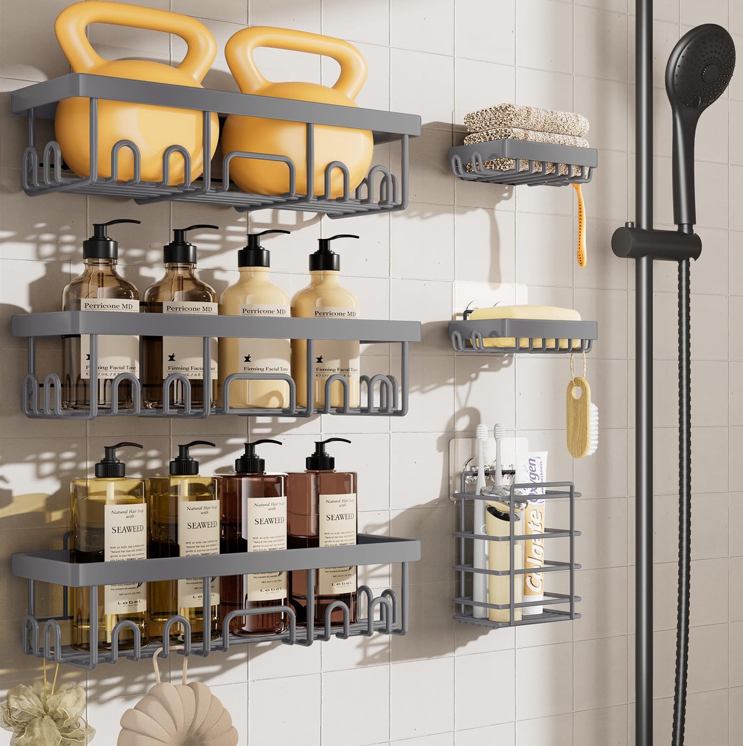 Veken Large Capacity Shower Caddy 6-Pack, No Drilling & Rustproof, Adhesive Shower Shelves with Soap Holder, Bathroom Organizers and Storage, Wall-Mounted Kitchen & Home Decor, Pink