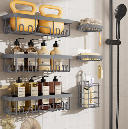Veken Large Capacity Shower Caddy 6-Pack, No Drilling & Rustproof, Adhesive Shower Shelves with Soap Holder, Bathroom Organizers and Storage, Wall-Mounted Kitchen & Home Decor, Pink