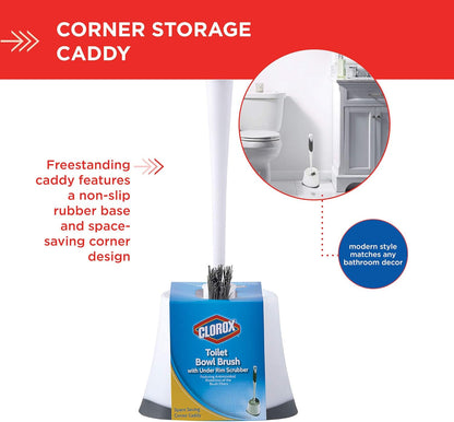 Clorox Corner Toilet Bowl Brush with Under Rim Scrubber, Includes Corner Storage Caddy, White