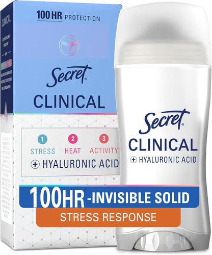 Secret Clinical Strength Invisible Solid Antiperspirant Deodorant for Women, 100HR Sweat & Odor Protection, 3X Stress Protection with Hyaluronic Acid, PH Balanced, Completely Clean Scent, 2.6 oz