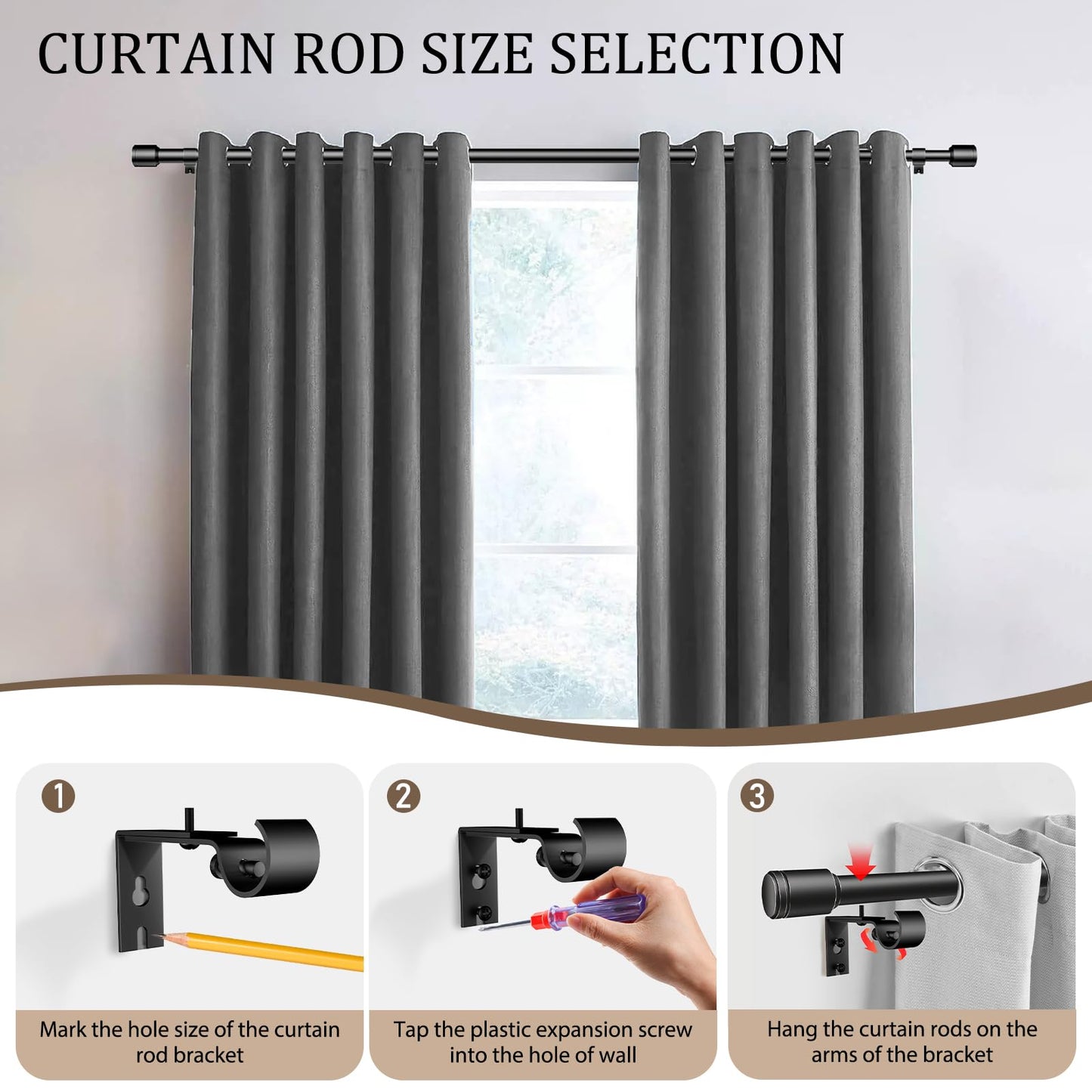 Curtain Rods 30-60 Inch, Adjustable Black Curtain Rods for Windows 2 Pack | 5/8" Diameter for 30-54 Inch Windows, Spliced Window Treatment Rod with Brackets, Long Small Rod for Bedroom, Living Room