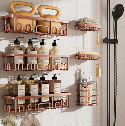 Veken Large Capacity Shower Caddy 6-Pack, No Drilling & Rustproof, Adhesive Shower Shelves with Soap Holder, Bathroom Organizers and Storage, Wall-Mounted Kitchen & Home Decor, Pink