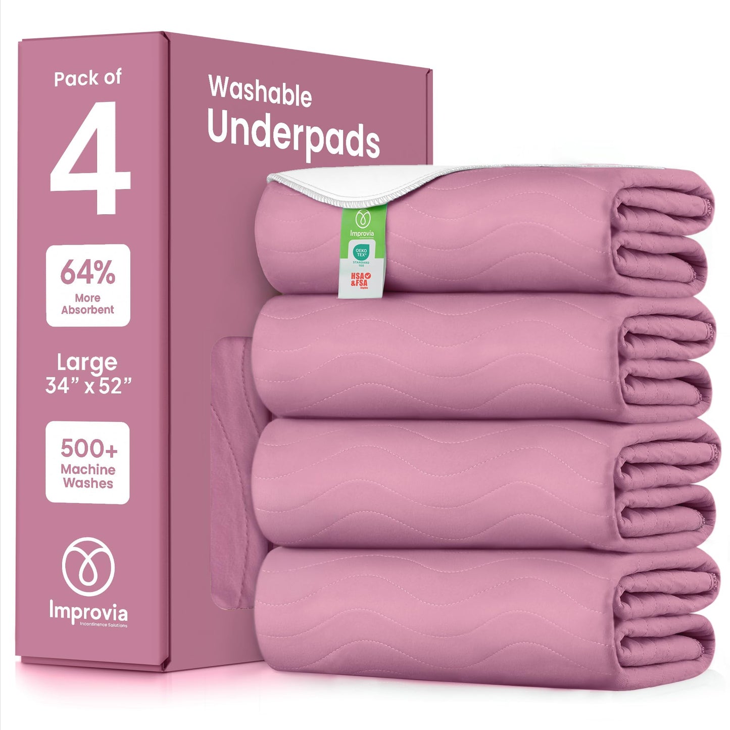 IMPROVIA® Washable Underpads, 34" x 36" (Pack of 4) - Heavy Absorbency Reusable Bedwetting Incontinence Pads for Kids, Adults, Elderly, and Pets - Waterproof Protective Pad for Bed, Couch, Sofa, Floor
