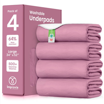 IMPROVIA® Washable Underpads, 34" x 36" (Pack of 4) - Heavy Absorbency Reusable Bedwetting Incontinence Pads for Kids, Adults, Elderly, and Pets - Waterproof Protective Pad for Bed, Couch, Sofa, Floor