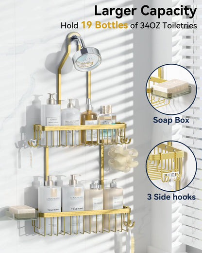 Never Rust Shower Caddy Hanging, Aluminum Shower Racks for Inside Shower, 3-Tier Shower Organizer Hanging Over Shower Head with Hooks and Soap Holder, Rose Gold