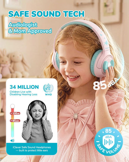 iClever C371 Kids Headphones with Cord for School Boys Girls Travel Gift | SafeSound Tech3.0, Stereo Sound, 3.5mm Jack, Foldable, Durable Headband, Safe Wired Headphones for Kids, Powder Blue