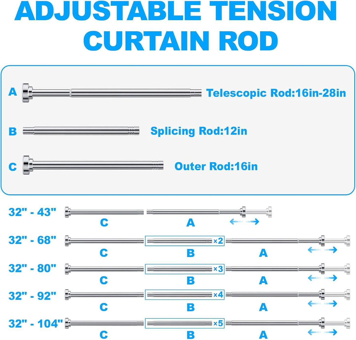 TEECK Shower Curtain Rod, 32-80 inch Adjustable Spring Tension Curtain Rod, Never Rust Anti-Slip Shower Curtain Rod for Bathroom, No Drilling, Never Collapse, Easy to Use, Silver