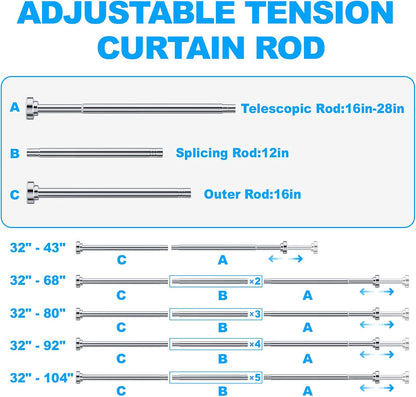 TEECK Shower Curtain Rod, 32-80 inch Adjustable Spring Tension Curtain Rod, Never Rust Anti-Slip Shower Curtain Rod for Bathroom, No Drilling, Never Collapse, Easy to Use, Silver