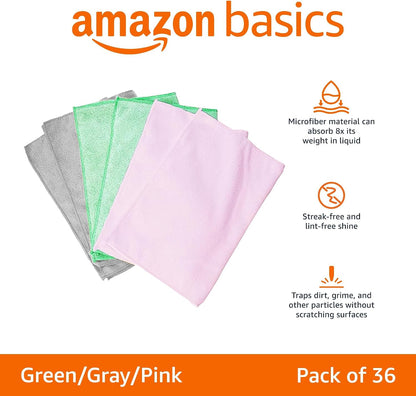 Amazon Basics Microfiber Cleaning Cloths, Ultra Absorbent, Lint Free, Streak Free, Non-Abrasive, Reusable and Washable, 16" x 12", Blue/White/Yellow, Pack of 24
