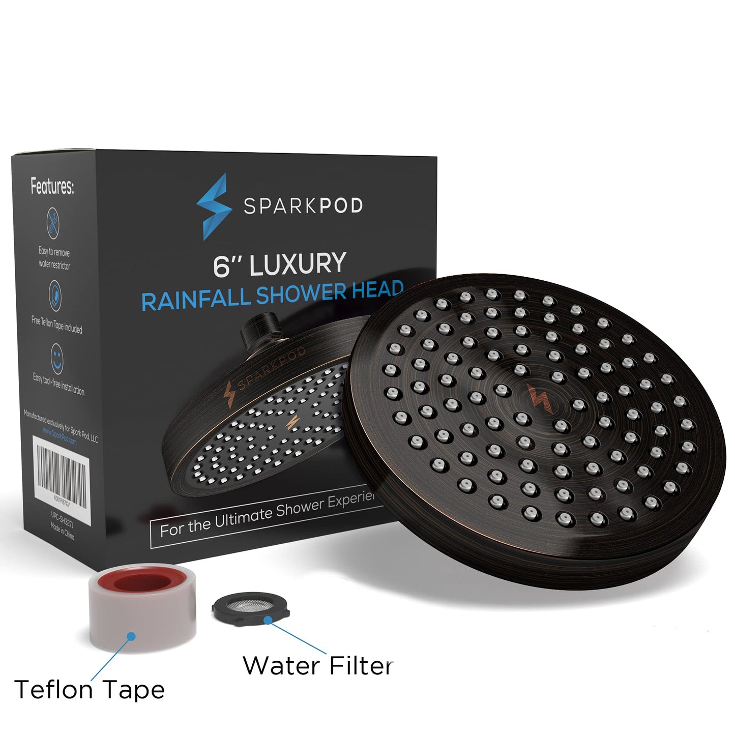 SparkPod Rain Shower Head, 6 Inch Round, Luxury Polished Chrome Finish | High Pressure Shower Heads, 90 Nozzles, Adjustable Showerhead, No Tools Needed, Universal Connection