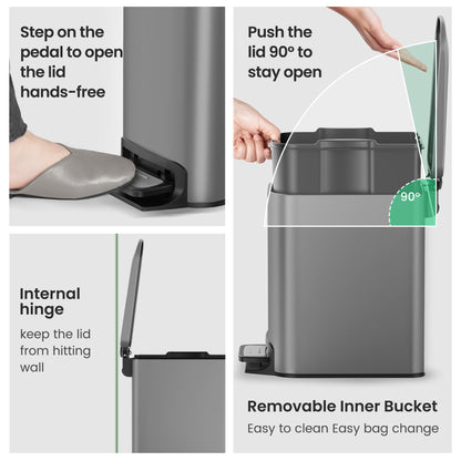 Cesun Small Bathroom Trash Can with Lid, 1.6 Gal, Soft Close, Sage Green | Step pedal soft close, Slim 5.9in fits narrow spaces, Stainless steel, Anti-fingerprint, Removable inner bucket, Odor seal