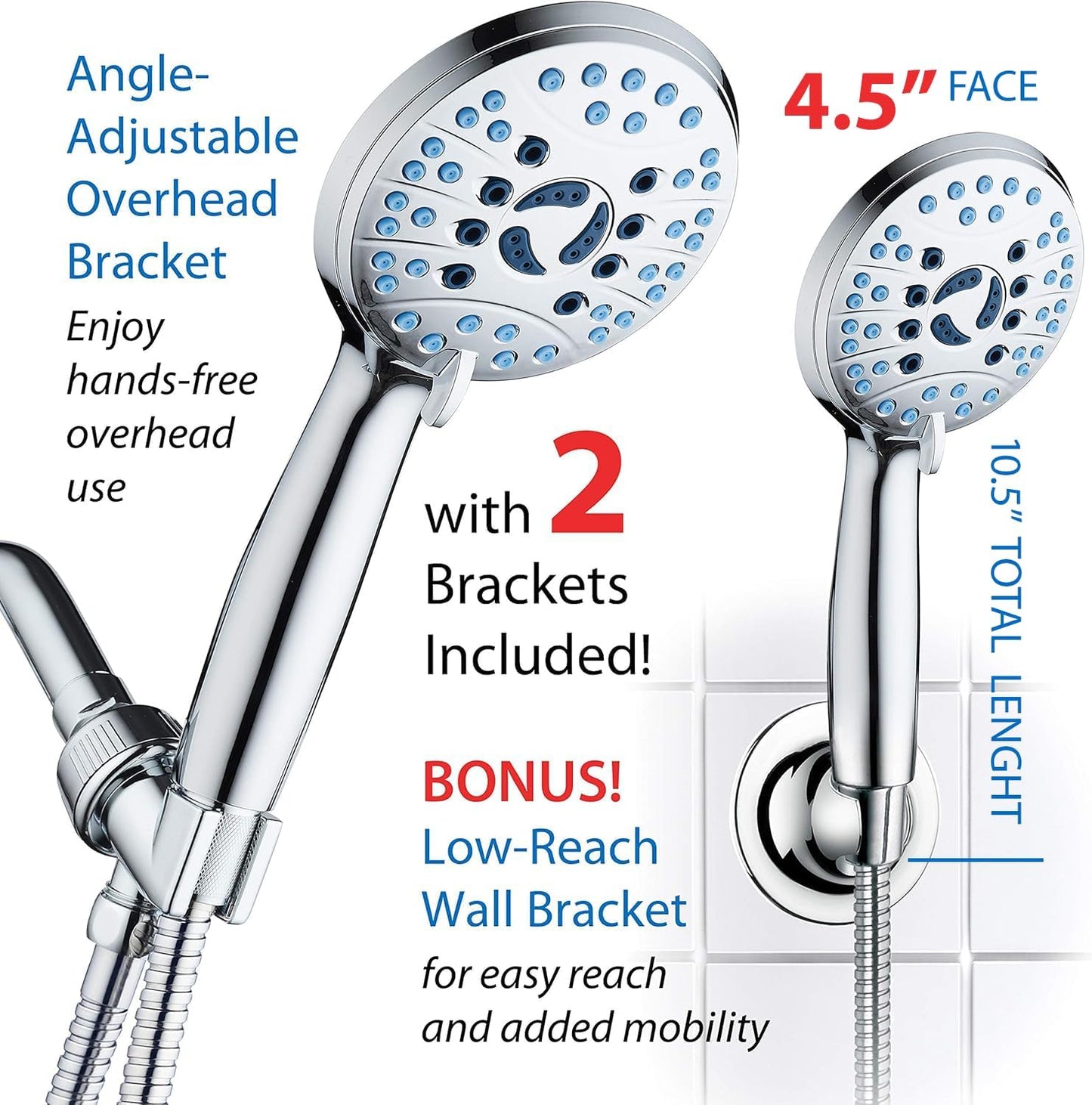 AquaCare 8-mode High Pressure Handheld Shower Head with 2-mode Power Wash | Stay Clean Nozzles, Dual Power Wash for Tub, Tile & Pets, Long 6 ft. Stainless Steel Hose, Wall & Overhead Brackets / Chrome