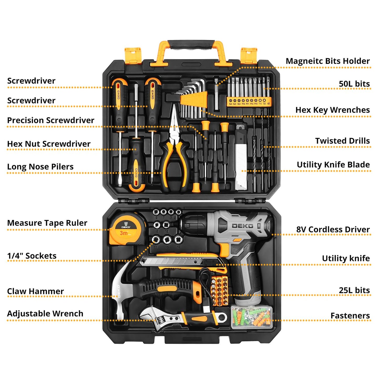 DEKOPRO Drill Set, Home Tool Set with 8V Pink Cordless Drill, Hand Tool Kit for Women, 126 pcs