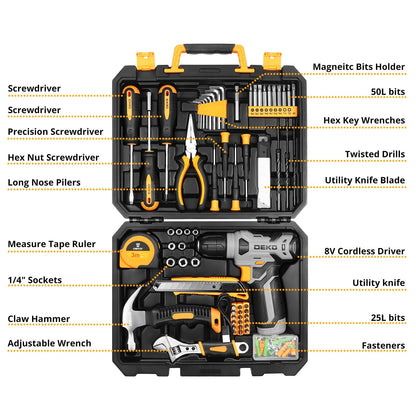 DEKOPRO Drill Set, Home Tool Set with 8V Pink Cordless Drill, Hand Tool Kit for Women, 126 pcs