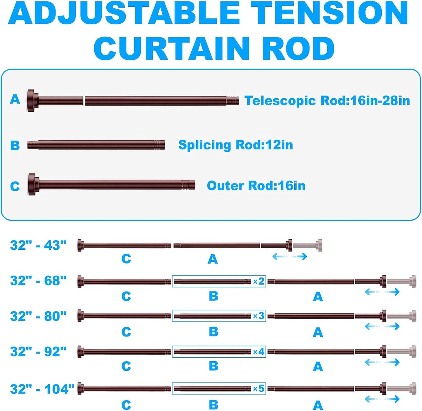 TEECK Shower Curtain Rod, 32-80 inch Adjustable Spring Tension Curtain Rod, Never Rust Anti-Slip Shower Curtain Rod for Bathroom, No Drilling, Never Collapse, Easy to Use, Silver