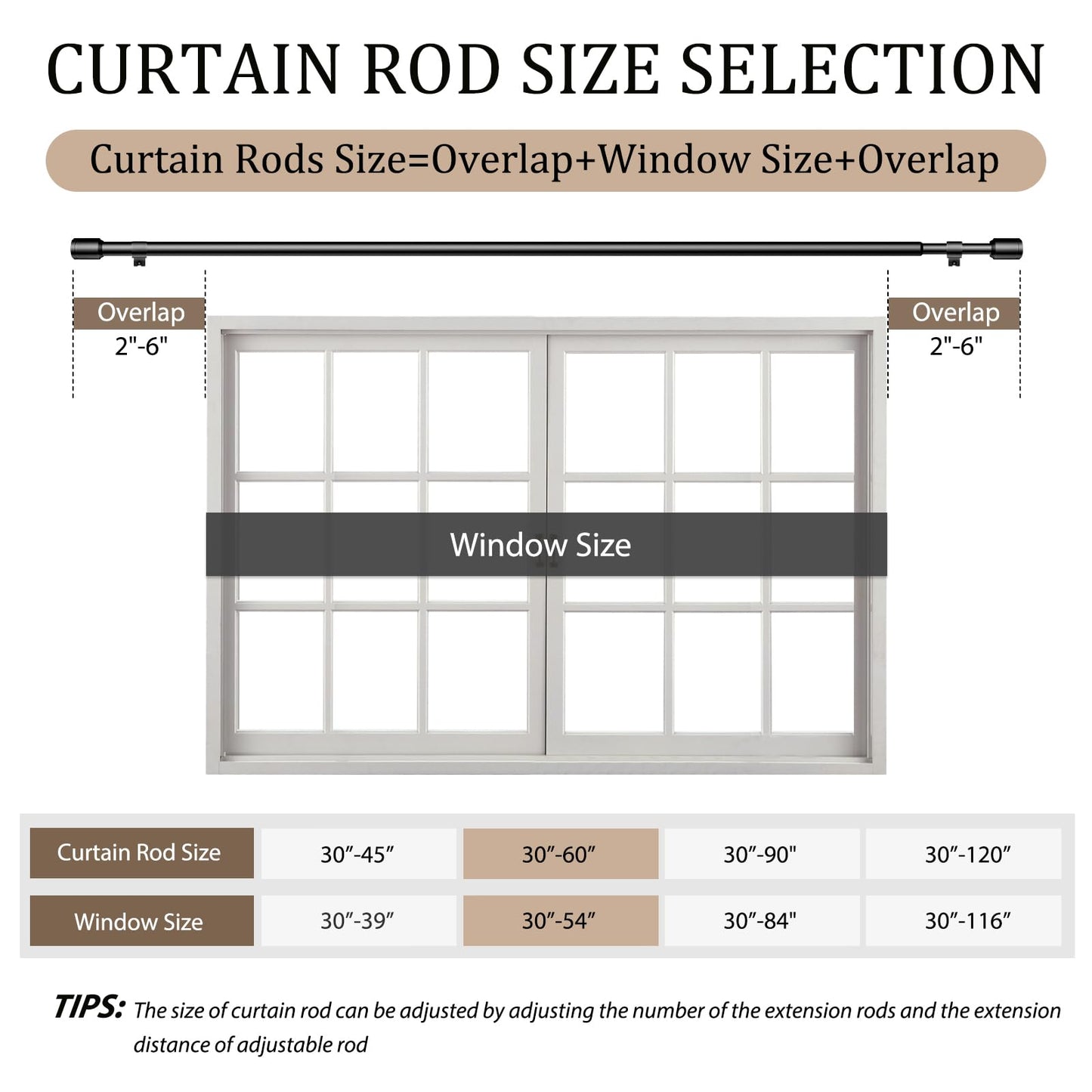 Curtain Rods 30-60 Inch, Adjustable Black Curtain Rods for Windows 2 Pack | 5/8" Diameter for 30-54 Inch Windows, Spliced Window Treatment Rod with Brackets, Long Small Rod for Bedroom, Living Room